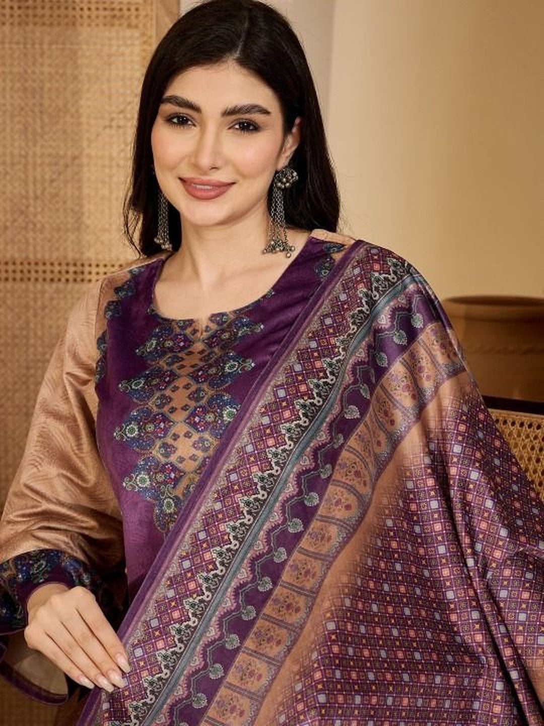 Printed Velvet Round Neck Kurta & Trousers with Dupatta set