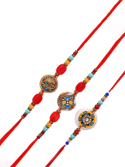 Dhiyona Set Of 3 Red Beaded Rakhi With Roli Rice & Greeting Card