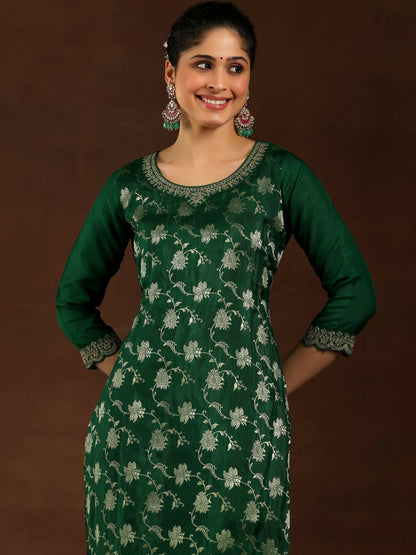 Women's LB Green Woven Design Silk Blend Straight Suit With Dupatta