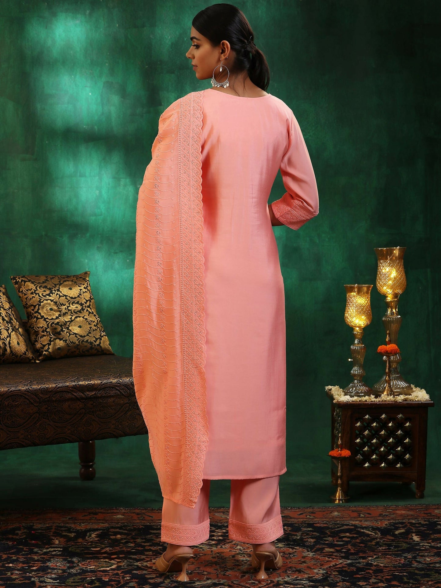 Women's LB Peach Embroidered Silk Blend Straight Suit With Dupatta