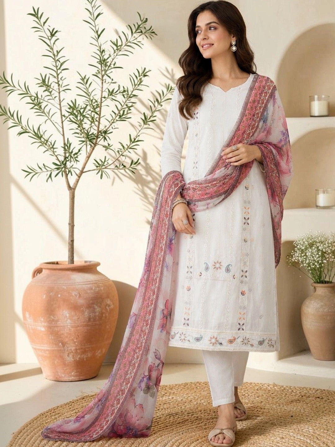 Women Ethnic Motifs Embroidered Regular Thread Work Pure Cotton Kurta with Trousers & With Dupatta