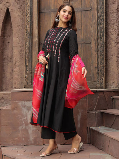 Dhiyona RR Women's Yoke Design Chanderi Cotton A-Line Kurta with Palazzos & Dupatta