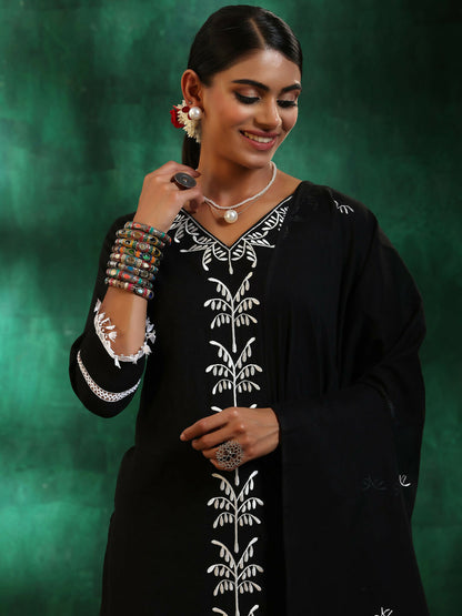 Women's LB Black Embroidered Cotton Straight Suit With Dupatta