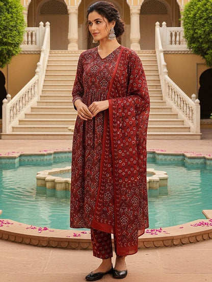 Dhiyona KL Ethnic Motifs Printed Pleated Kurta with Trousers & Dupatta