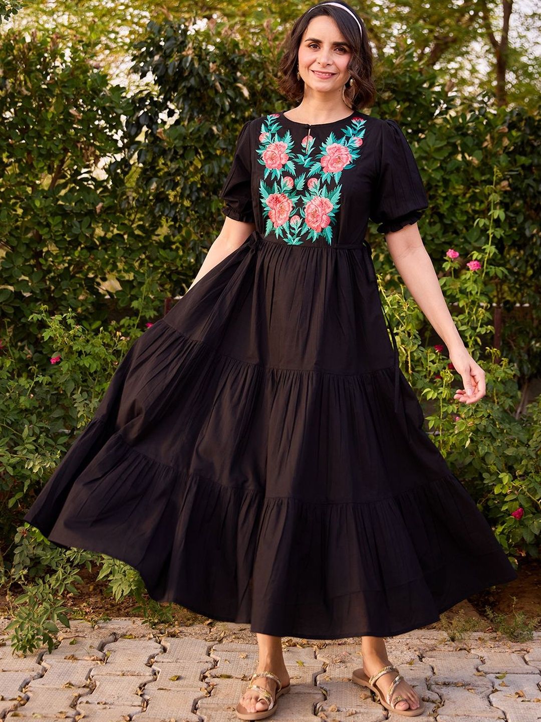 Dhiyona AY Women's Embroidered Round Neck Fit and Flare Ethnic Dresses