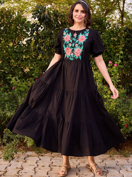 Dhiyona AY Women's Embroidered Round Neck Fit and Flare Ethnic Dresses