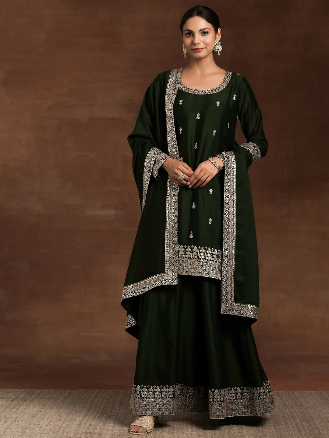 Women's LB Green Embroidered Silk Blend Straight Suit With Dupatta