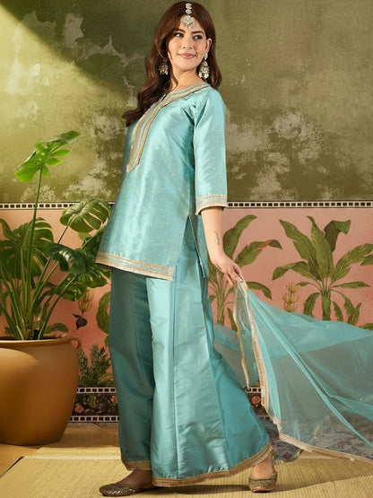 Woven Desig Round Neck Kurta & Palazzos With Dupatta
