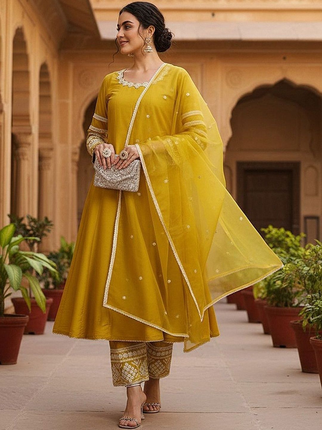 Dhiyona KL Panelled Round Neck Thread Work Anarkali Kurta With Palazzos & Dupatta