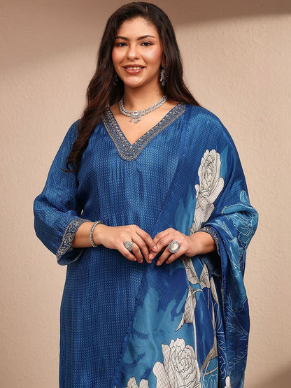 Dhiyona Women's Ethnic Motifs Regular Thread Work Silk Crepe Kurta with Palazzos & With Dupatta
