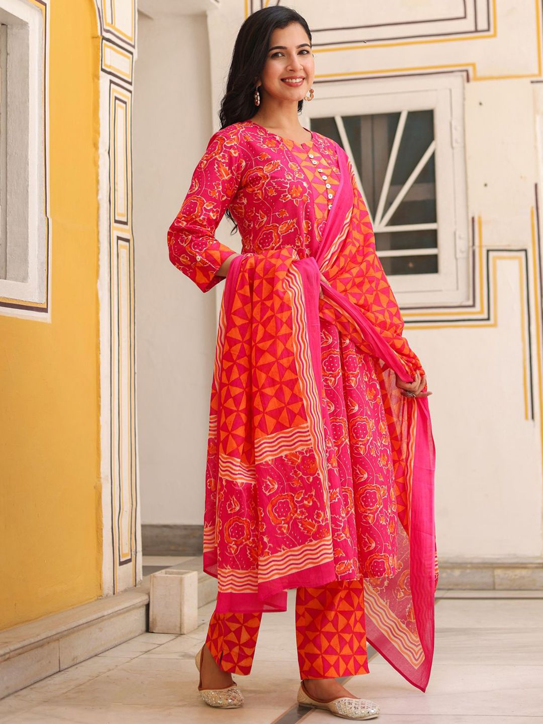 Dhiyona RR Women's Floral Printed Cotton A-Line Kurta with Trousers & Dupatta