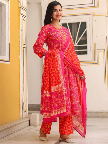 Dhiyona RR Women's Floral Printed Cotton A-Line Kurta with Trousers & Dupatta