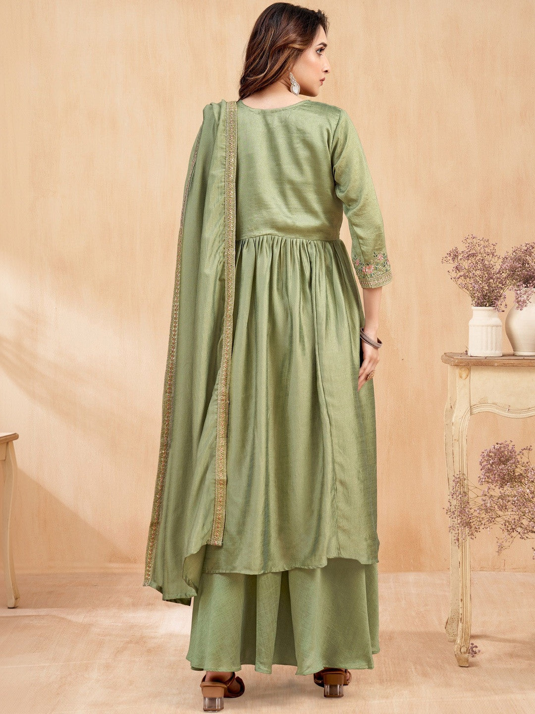 Embroidered V-Neck Kurta Trousers & Dupatta