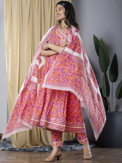 Dhiyona KL V-Neck Floral Printed Pure Cotton Anarkali Kurta with Trousers & Dupatta