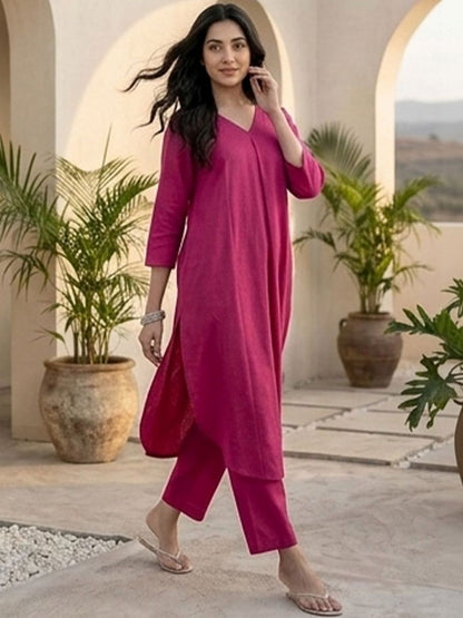 Pink Women Regular Kurta with Trousers