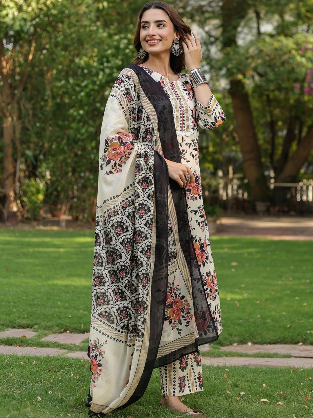 Dhiyona RR Women's Floral Printed Regular Pure Cotton Kurta with Trousers & With Dupatta