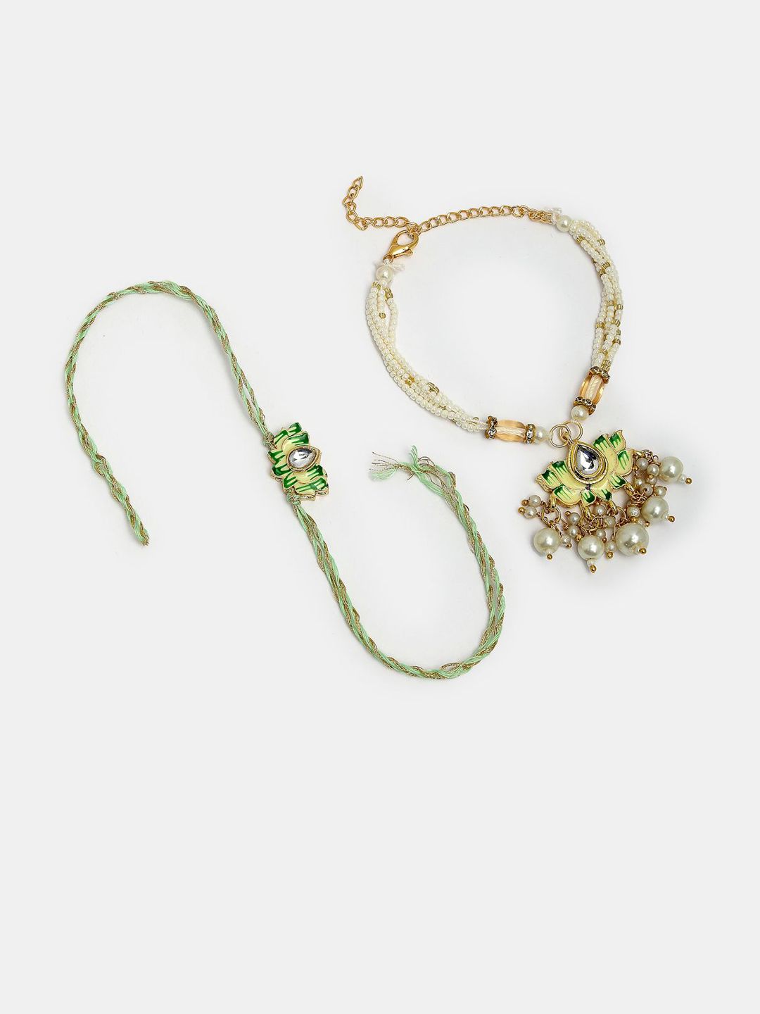 Dhiyona Unisex Set Of 2 Green Lotus Shape Kundan-Studded & Beaded Wraparound Rakhi Set