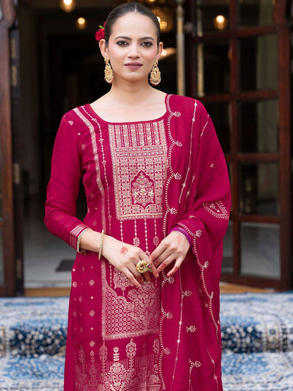 Dhiyona CH Women Jacquard Kurta with Plazzo and Embroidered Dupatta