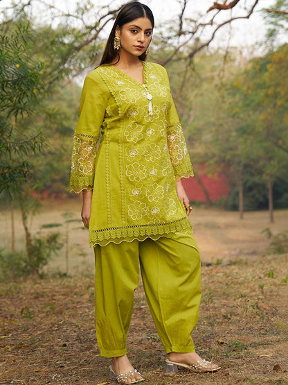 Embroidered Pure Cotton V-Neck Kurti & Salwar