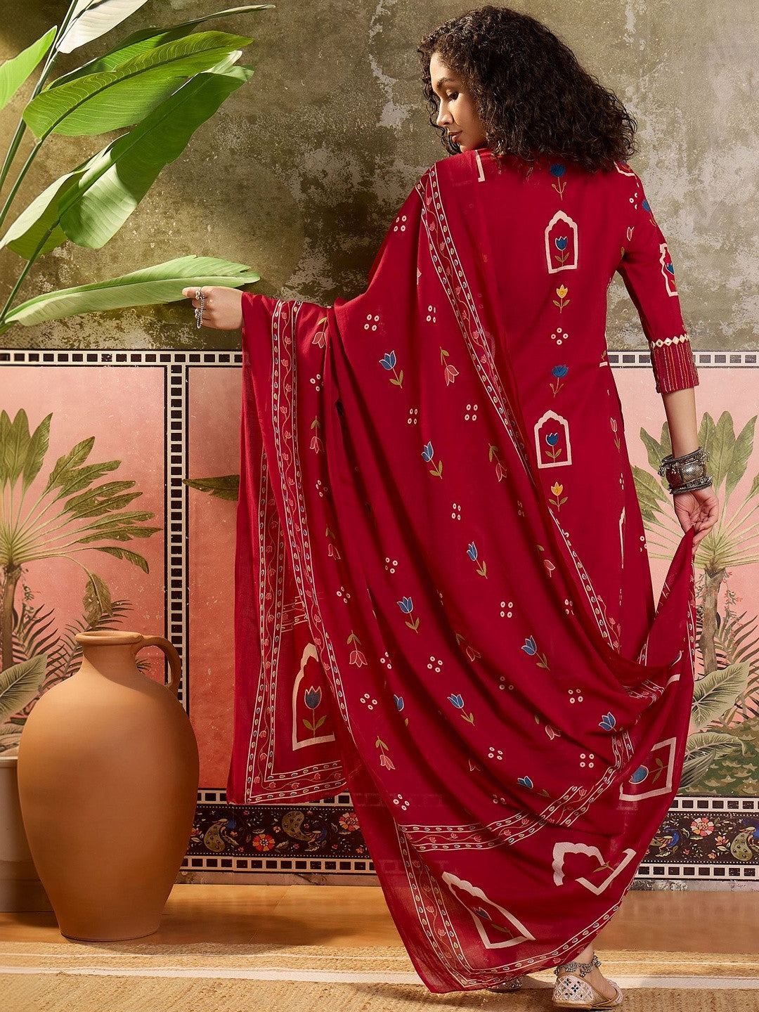Printed Pure Cotton Round Neck Kurta & Trousers With Dupatta