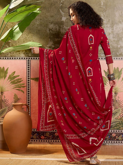 Printed Pure Cotton Round Neck Kurta & Trousers With Dupatta