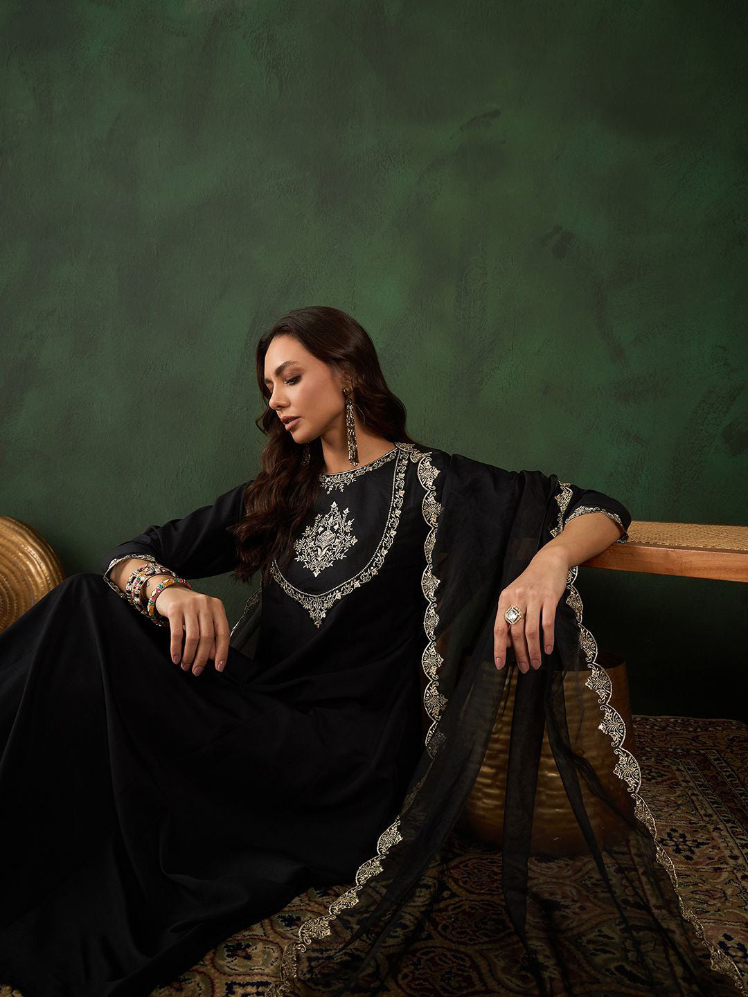 Black Floral Embroidered Round Neck Zari A-Line Kurta With Trouser & Dupatta