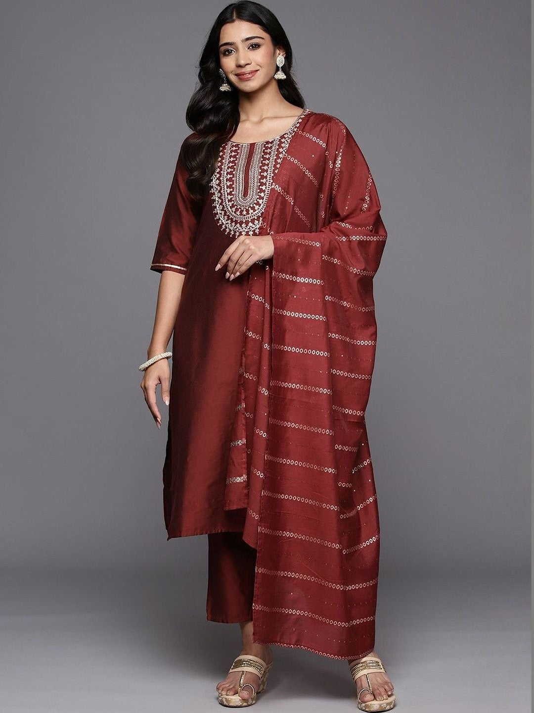Women Ethnic Motifs Embroidered Regular Thread Work Kurta with Trousers & With Dupatta