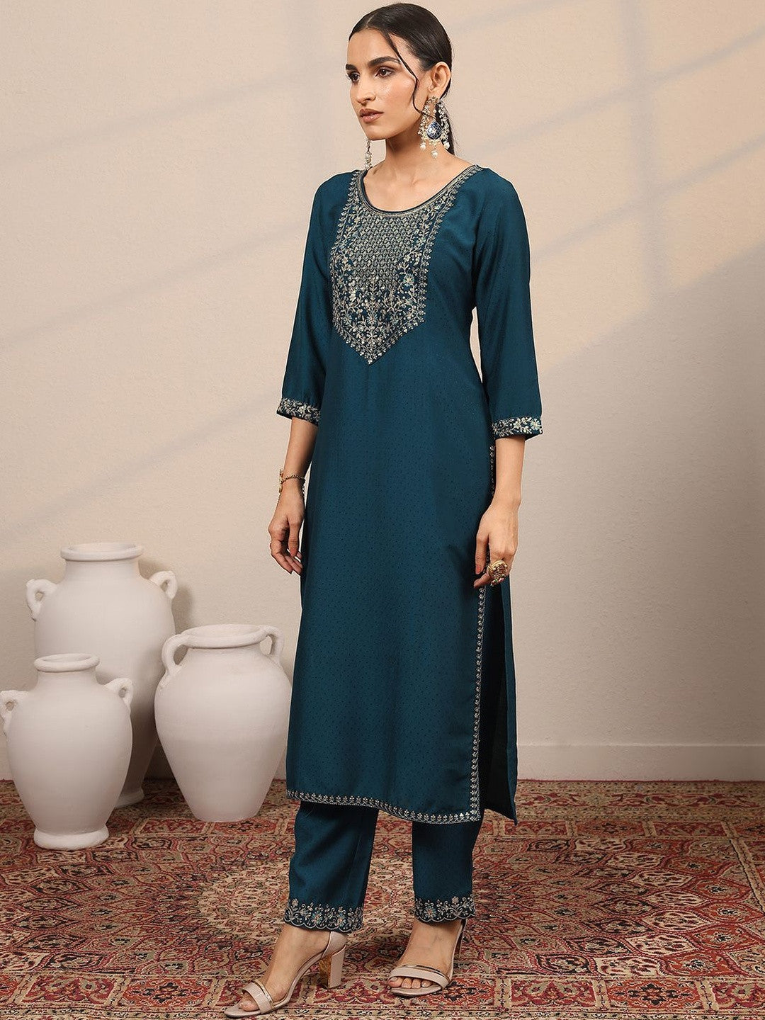 Art Ethnic Motifs Embroidered Thread Work Yoke Design Kurta With Trouser And Dupatta