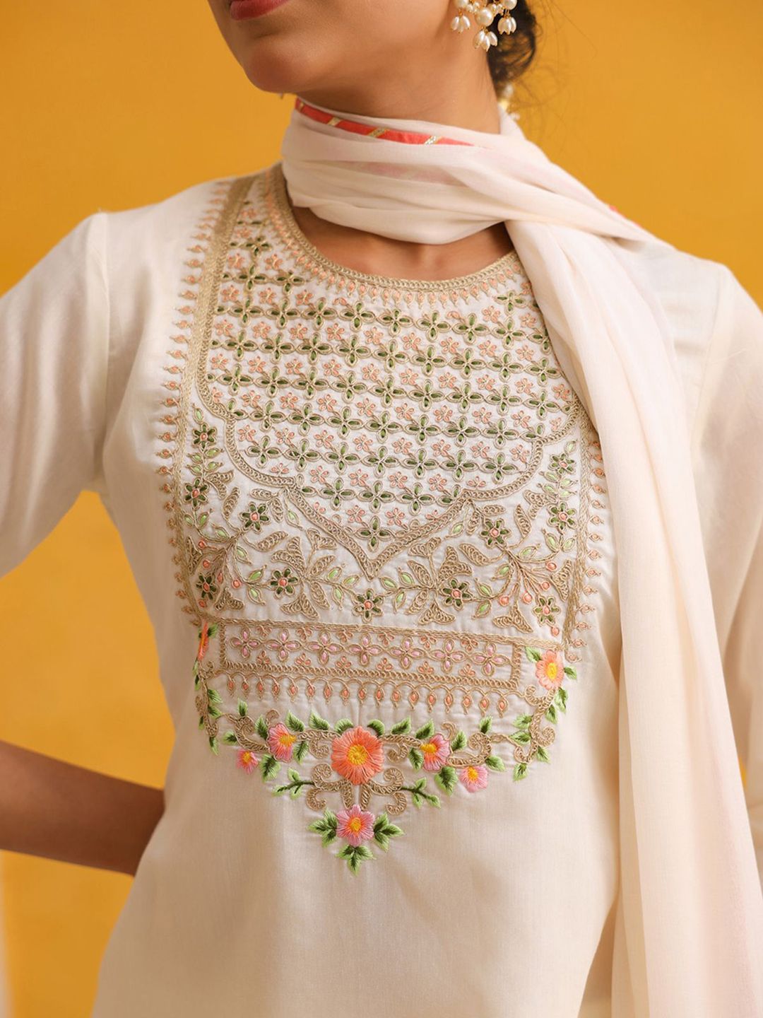 Dhiyona SC Women Ivory Chanderi Silk Zari Embroidered Sharara Set