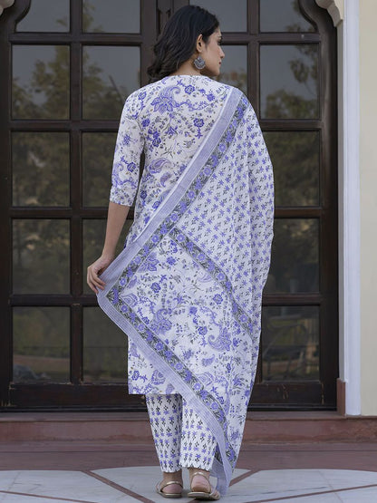 Dhiyona KL Paisley Printed Zari Pure Cotton Straight Kurta With Trouser & Dupatta