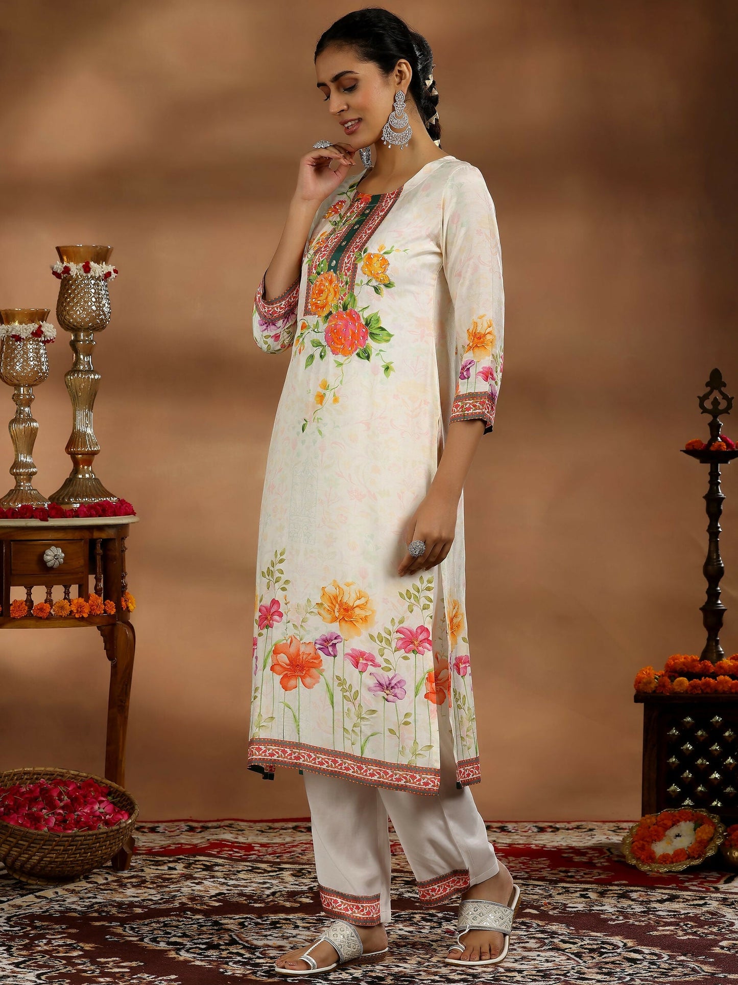 Women's LB Off White Printed Cotton Blend Straight Suit With Dupatta