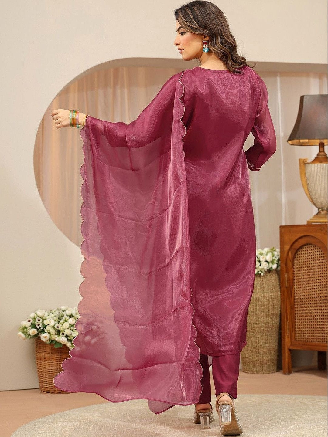 Libas Maroon Yoke Design Tissue Straight Suit Set