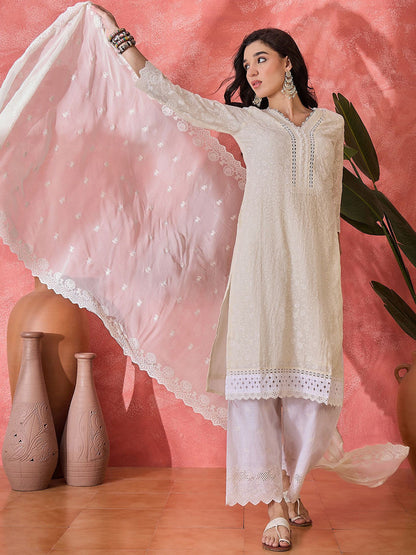 Women Floral Embroidered Cotton Kurta with Trousers & Dupatta