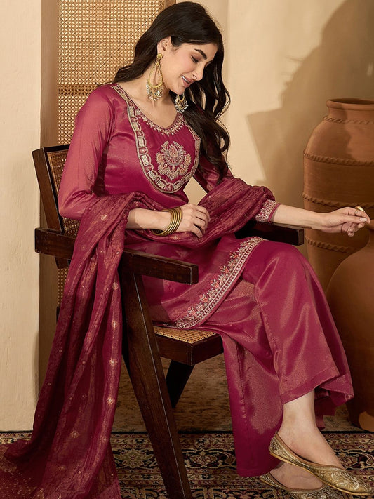 Dhiyona SN Women Silk Blend Embroidered Kurta Sets With Dupatta