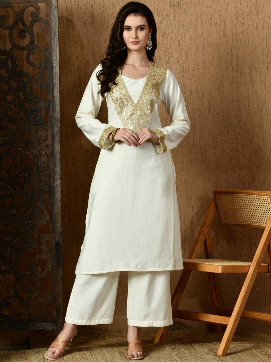 Round Neck Long Sleeves Kurta With Trousers & Dupatta