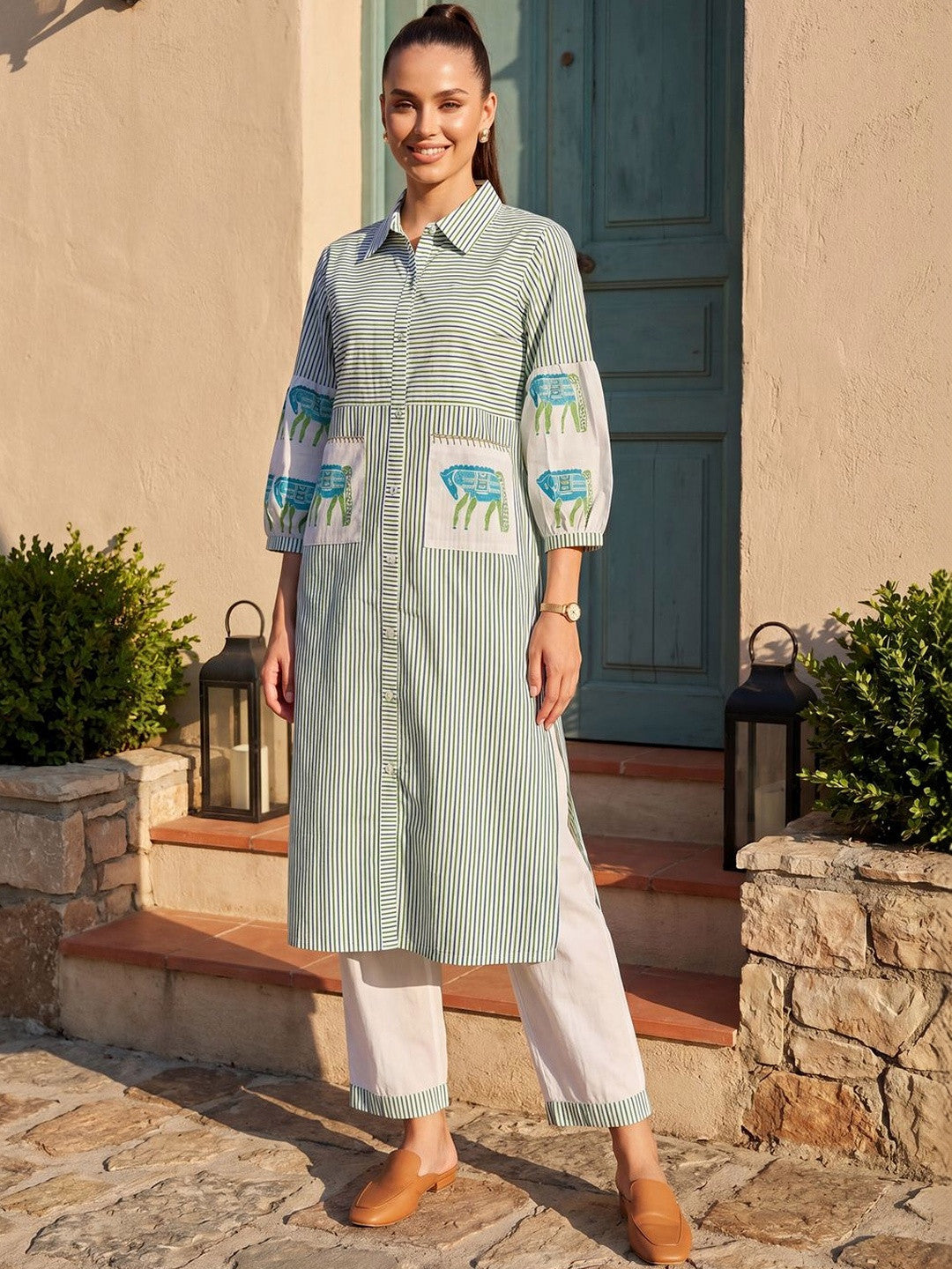 Women Striped Regular Pure Cotton Kurta with Trousers