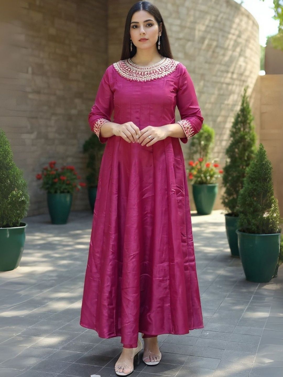 Dhiyona IE Women Ethnic Motifs Embroidered Anarkali Kurta with Trousers