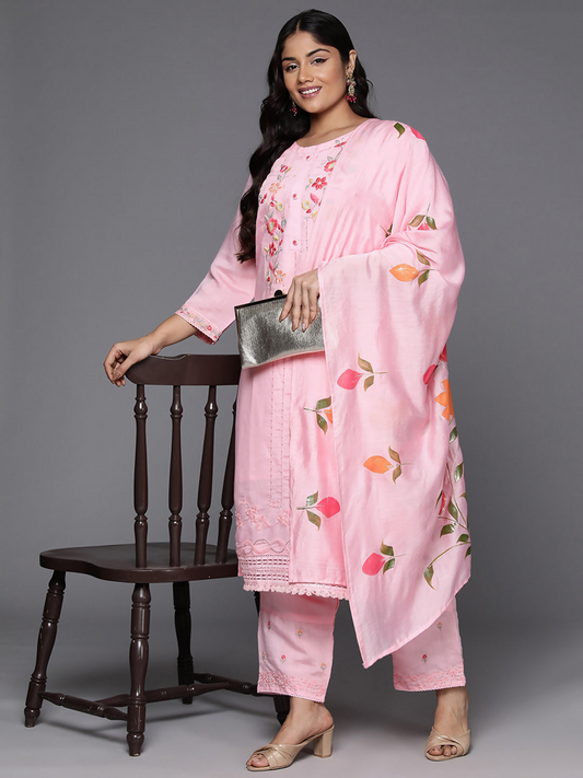 Women's Plus Size Pink Embroidered Straight Kurta Trousers With Dupatta Set