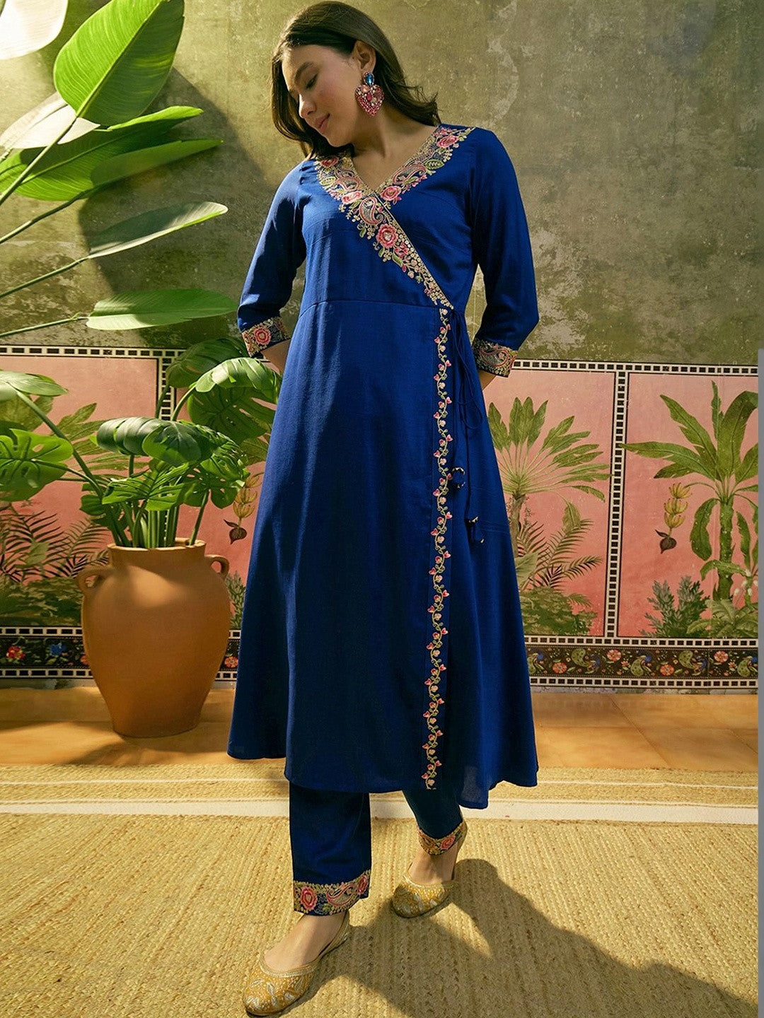 Women Ethnic Motifs Embroidered Angrakha Thread Work Kurta with Trousers & With Dupatta