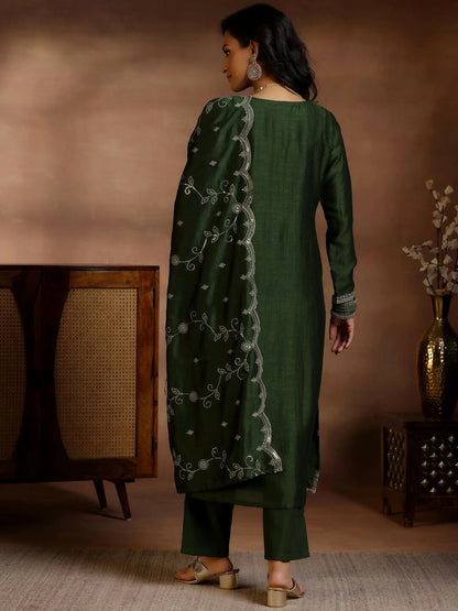 Women's LB Green Embroidered Silk Blend Straight Suits With Dupatta