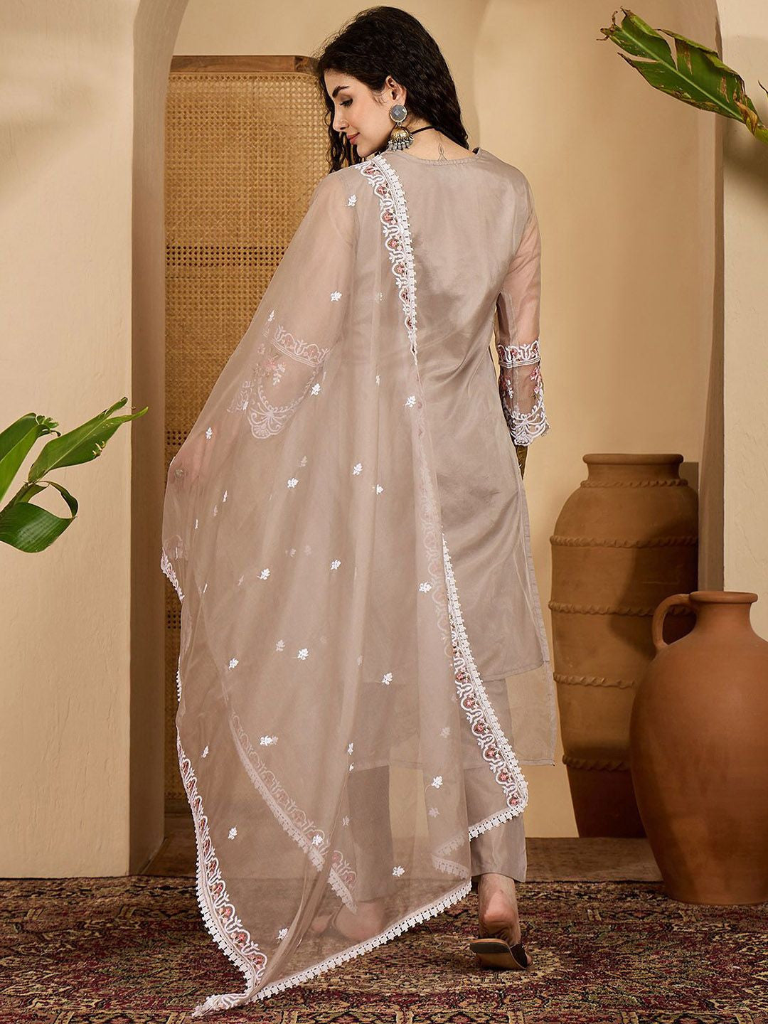 Embroidered Kurta With Trousers & Embroidered Dupatta
