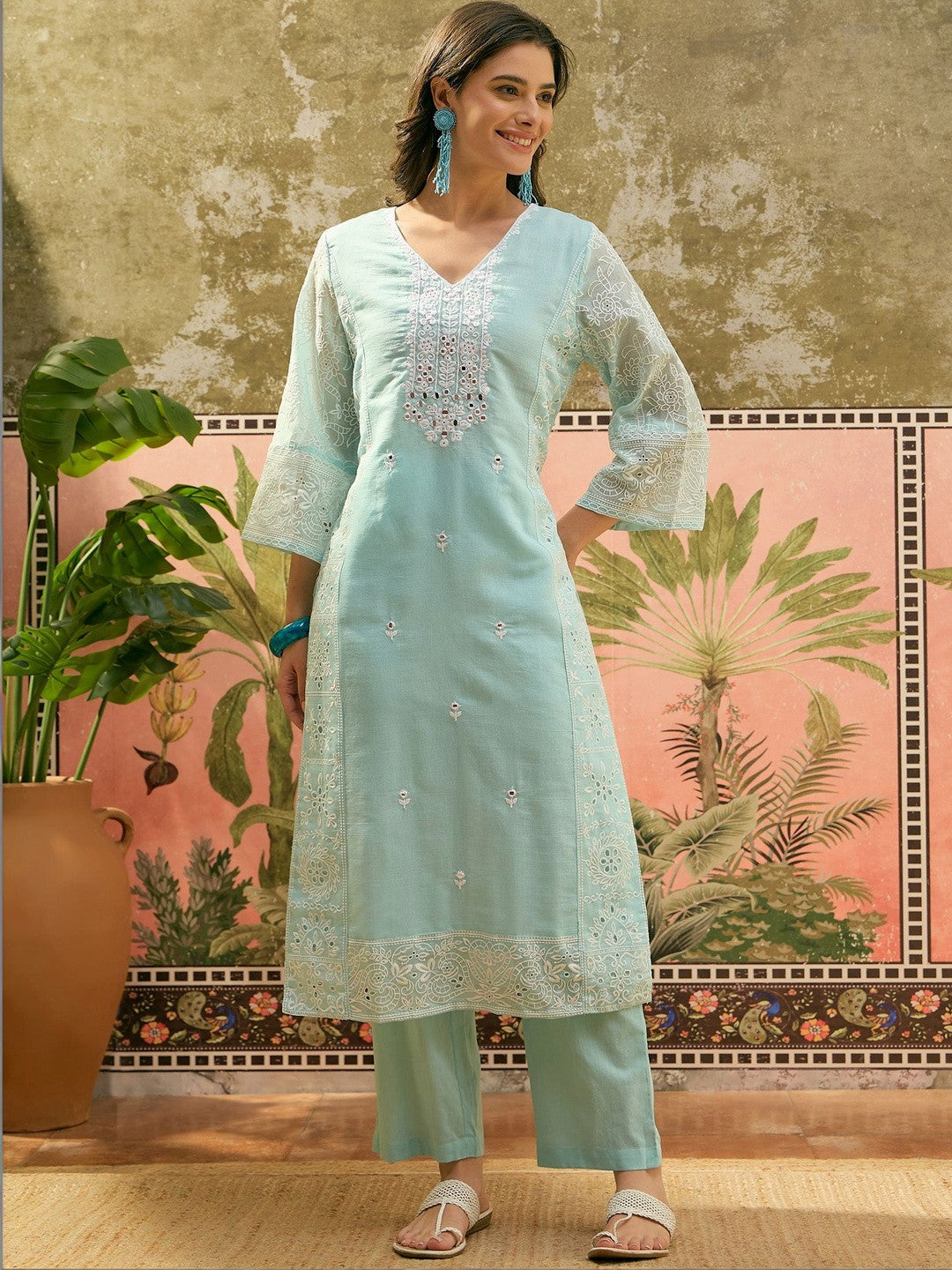 Women Ethnic Motifs Embroidered Regular Mirror Work Pure Cotton Kurta with Trousers & With Dupatta