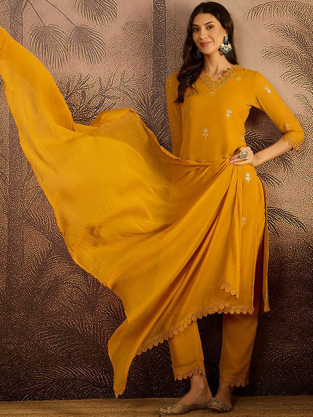 Dhiyona SN Zari Sequence Embroidered Georgette Straight Kurta With Trousers & Dupatta