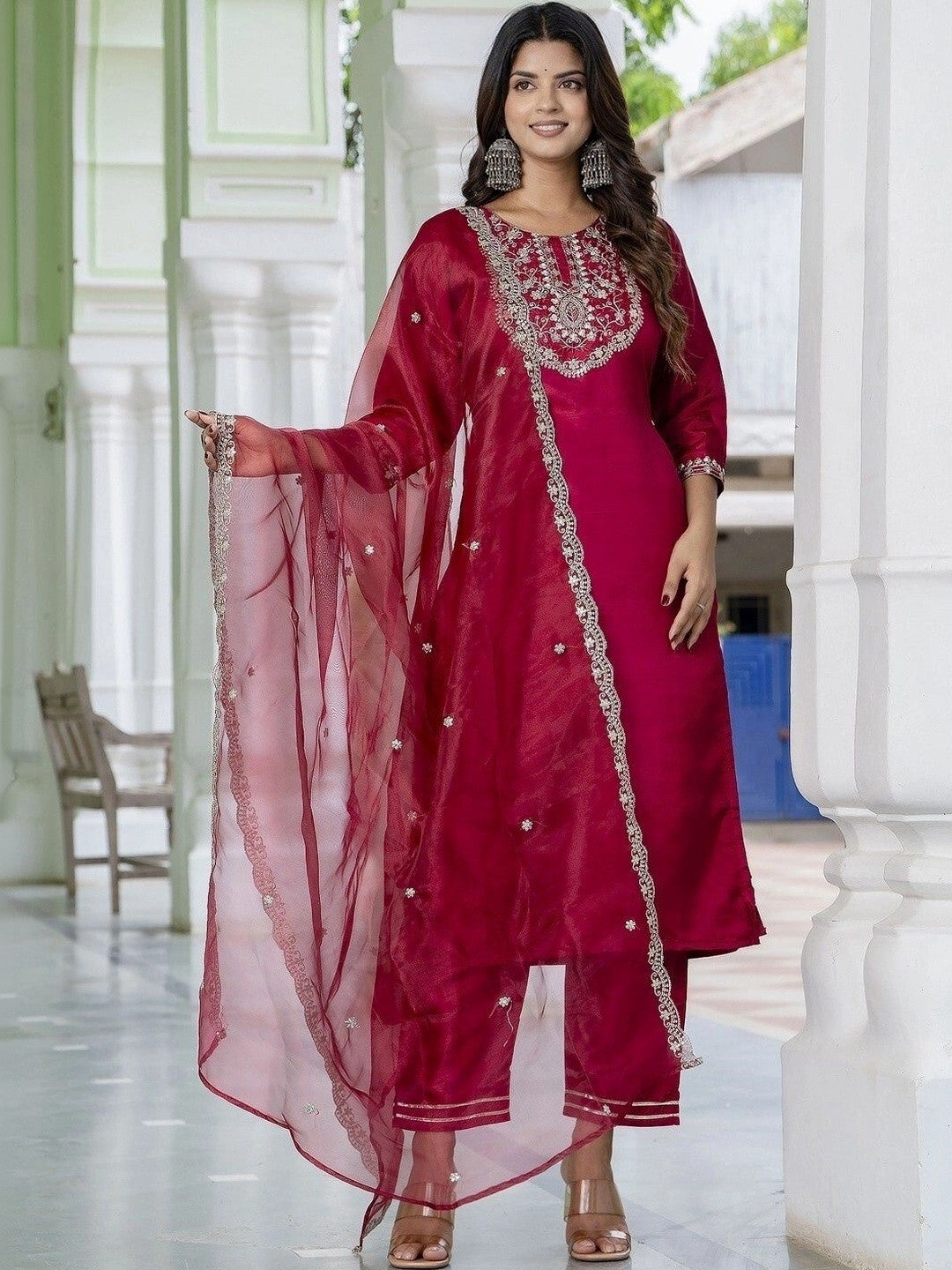 Women Embroidered Regular Kurta with Trousers & With Dupatta