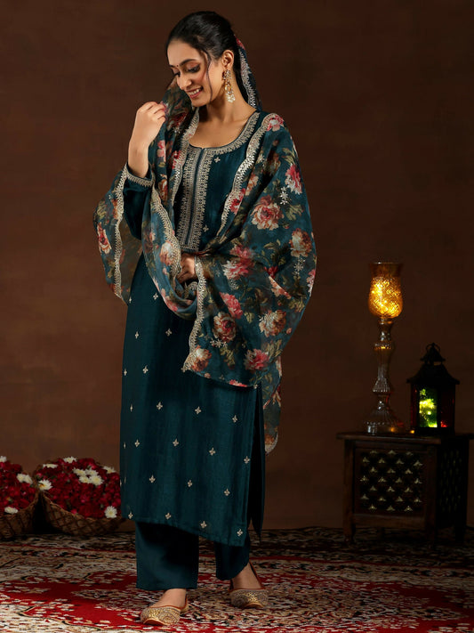 Women's LB Teal Embroidered Silk Blend Straight Suit With Dupatta