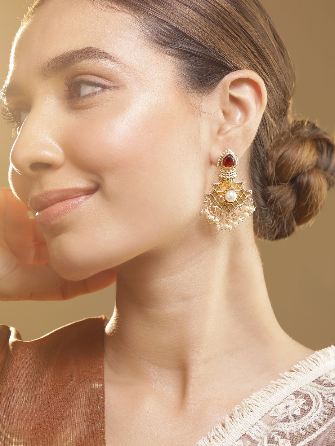 Dhiyona RJ Women's 22K Gold Plated Ruby & Pearl Studded & Beaded Handcrafted Traditional Chandbali