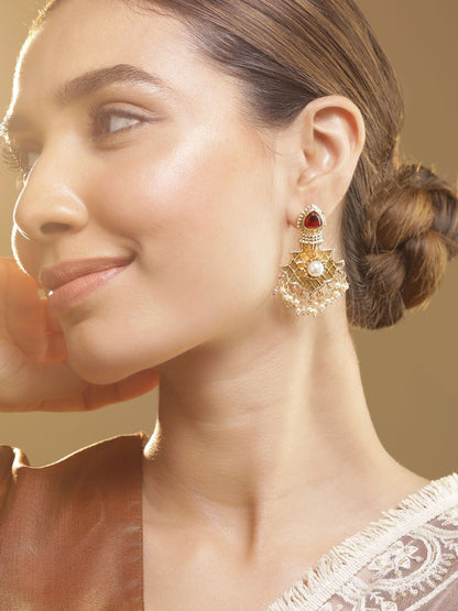 Dhiyona RJ Women's 22K Gold Plated Ruby & Pearl Studded & Beaded Handcrafted Traditional Chandbali