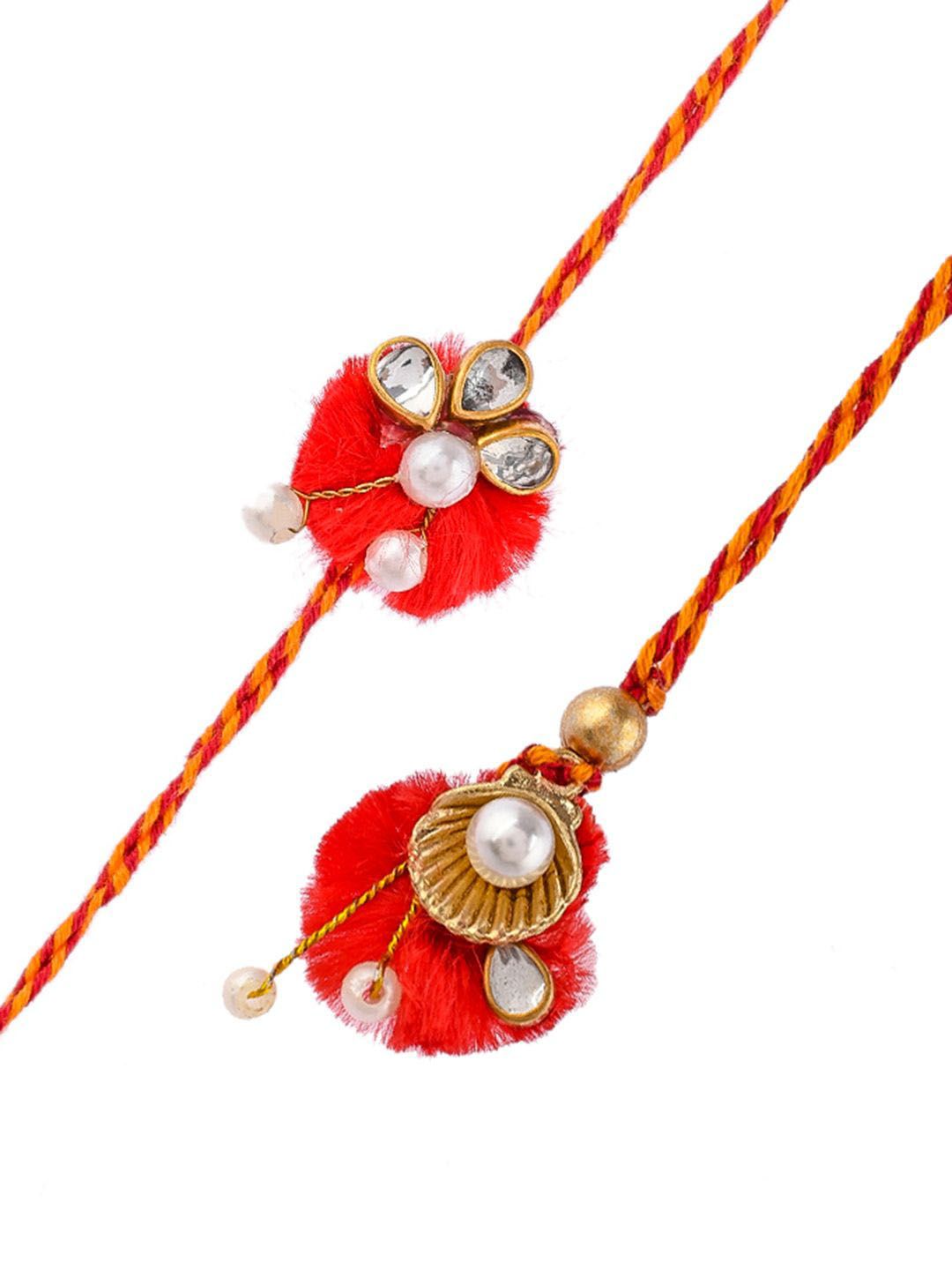 Dhiyona Red Pearl-Beaded Bhaiya Bhabhi Rakhi With Roli Chawal & Greeting Card