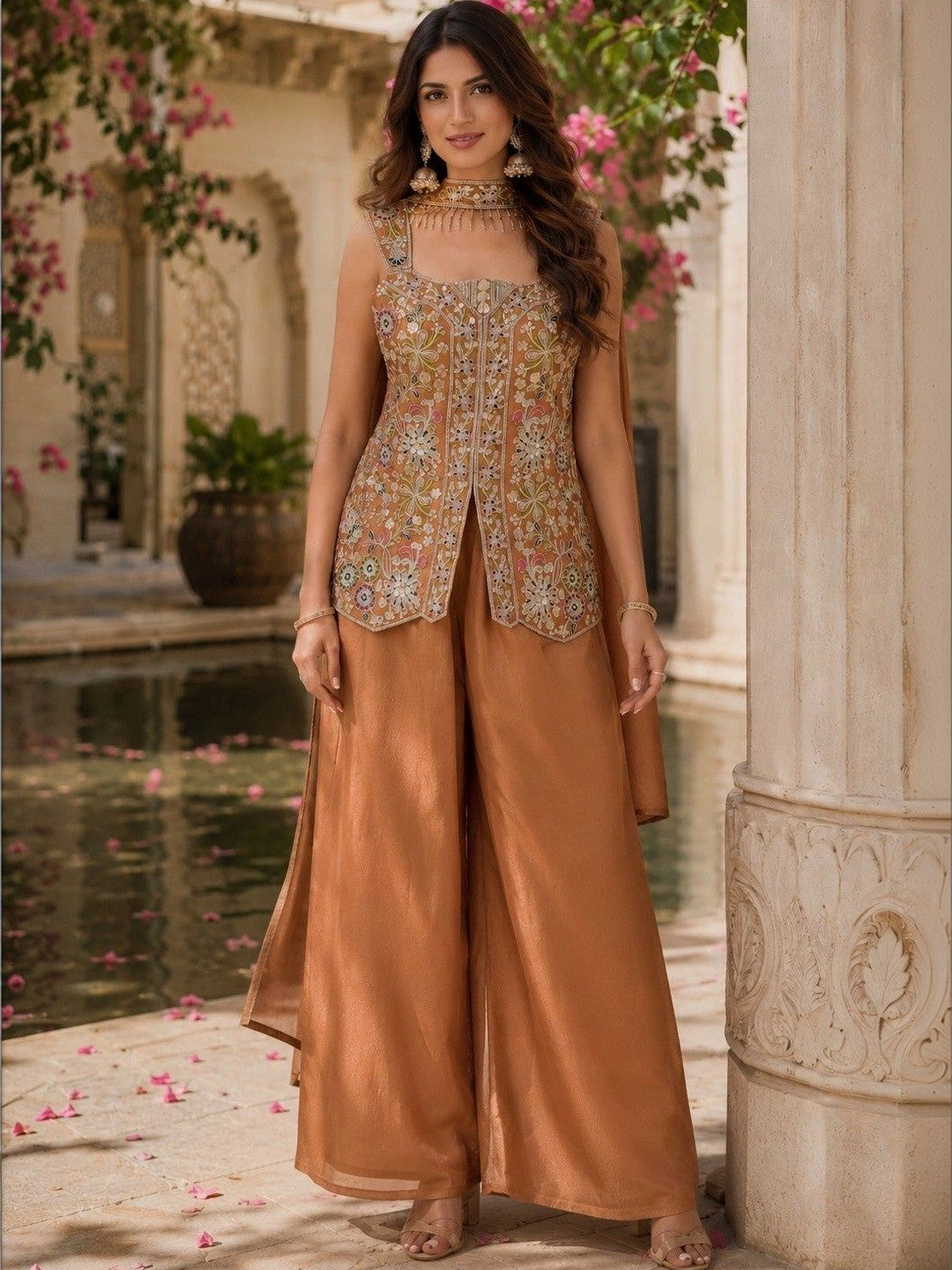 Dhiyona SN Women Ethnic Motifs Embroidered Angrakha Kurti with Palazzos & With Dupatta
