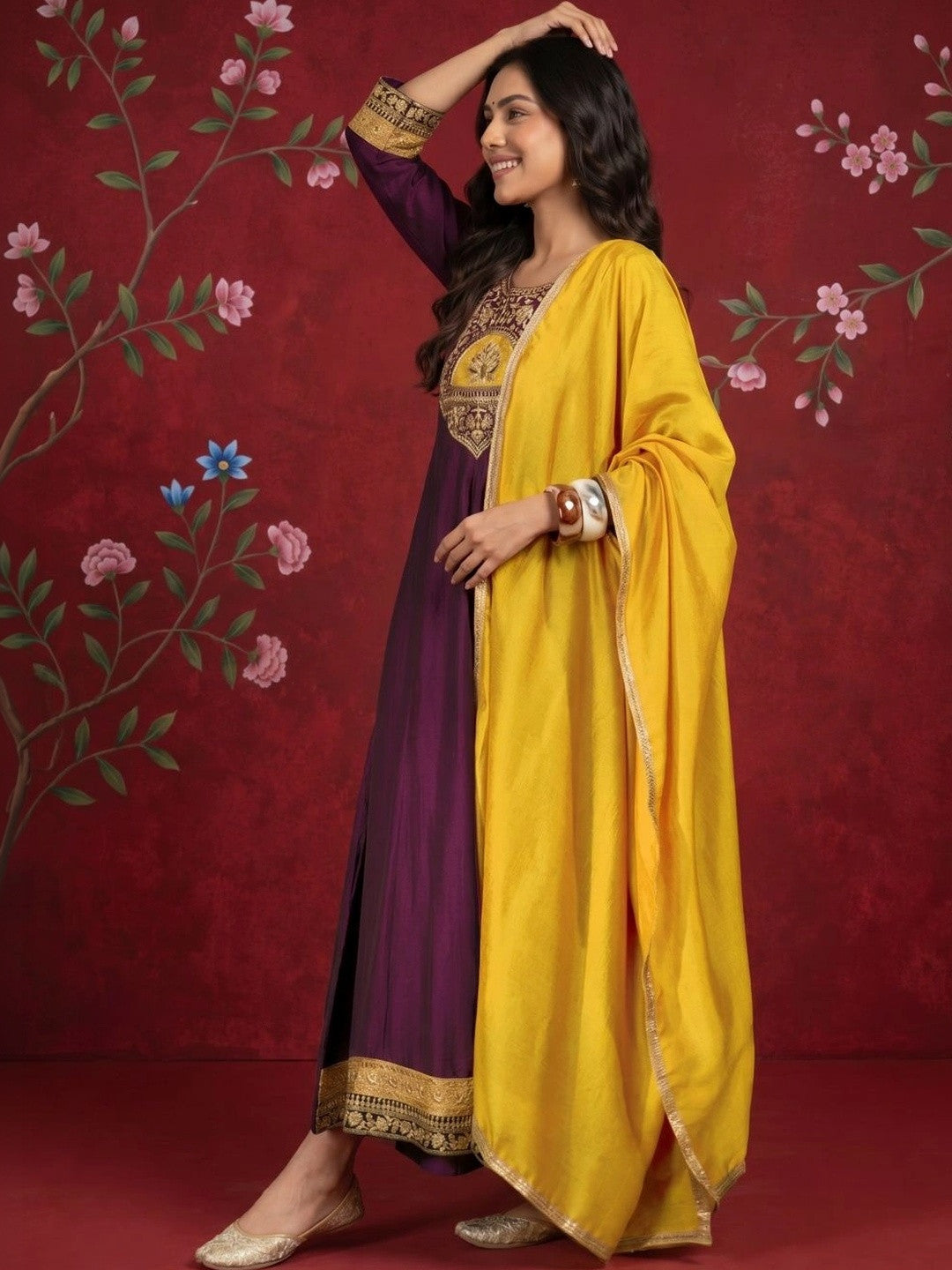 Women Ethnic Motifs Embroidered Regular Kurta with Trousers & With Dupatta